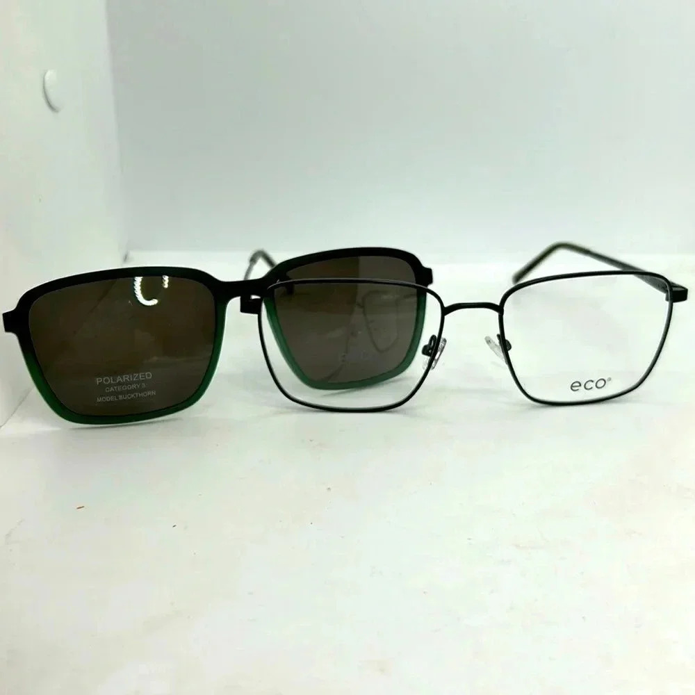 ECO Men’s Buckhorn MDGRN Eyeglasses Frames & Polarized Sun Clip On. NWT